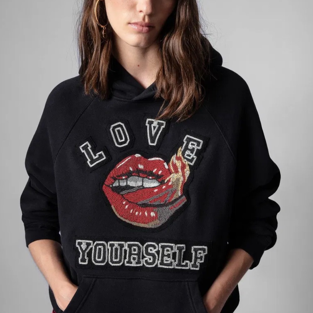 Zadig & Voltaire Black Graphic Hoodie with Red Lips Design